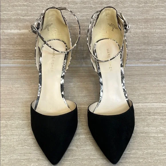 MARC FISHER UEC Size 7.5 Elegant Black Gray Women's Heels Suede Snakeskin - Picture 10 of 10
